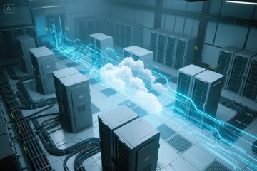 Server room with transparent cloud overlays and cinematic glowing data streams