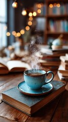 Steaming Tea in Blue Cup on Books, Cozy Atmosphere