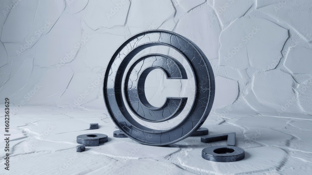Poster 3d render of copyright symbol with cracked texture on textured background