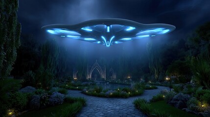 A luminous UFO gracefully hovers above a peaceful garden under the night sky, creating a captivating scene.
