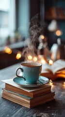 Warm Blue Teacup with Steam on Stack of Books