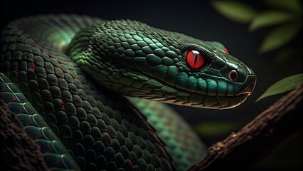 Fototapeta premium green snake on a branch, Closeup of a green viper with piercing red eyes resting on a branch