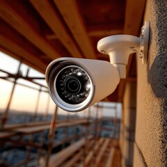 A white security camera keeps watch over a construction site during the day.