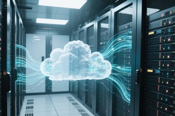 Server room with transparent cloud overlays and cinematic glowing data streams