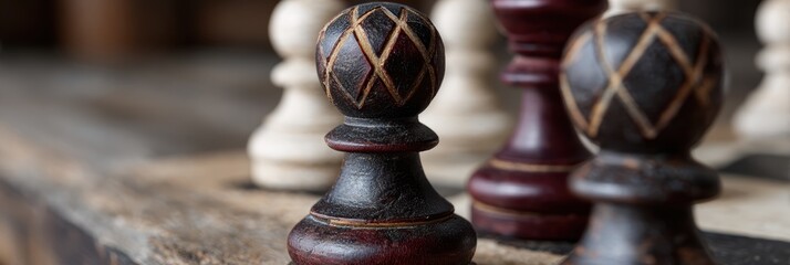 retro chess banner, classic chess website banner with antique set, aged leather, wood, burgundy, cream palette, classic typography, and heritage brand style