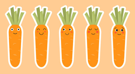 Set of stickers with hand drawn funny cute carrots. Carrot emoji with different emotions. Vector illustration, flat style.