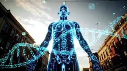 Digital Human Anatomy Model with DNA Strand Overlay on Street with Buildings and Clear Sky in Daytime Illustrative Design - Powered by Adobe
