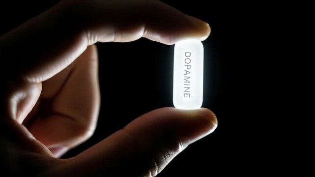 A hand delicately holds a glowing dopamine pill against a dark backdrop