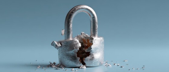 Cybersecurity breach concept with shattered padlock on blue background