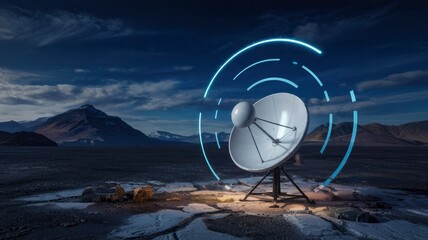 Remote Satellite Dish in Desolate Landscape at Night