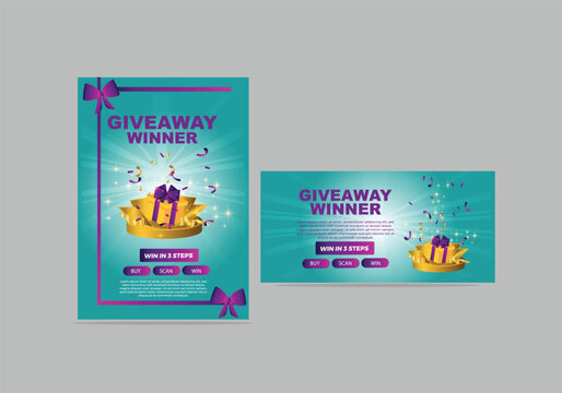 Giveaway win prizes with a gift box exploding in confetti ribbon bow podium shining star Vector illustration flyer poster banner set design contests with prizes.