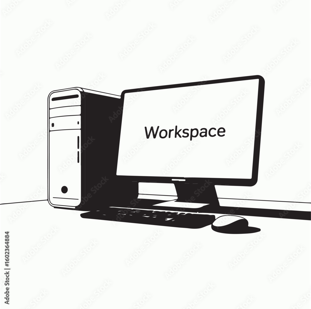 Fototapete minimalist line art illustration of a computer setup with the word workspace displayed on the screen