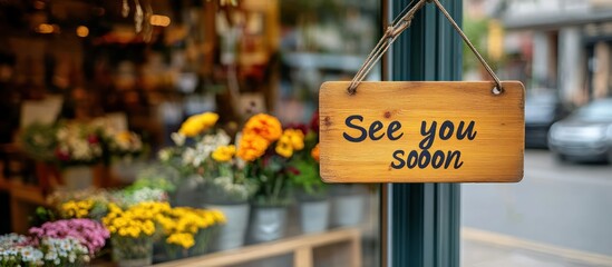 Closed shop sign, flower shop, city street, See you soon