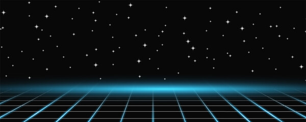 Retro cyberpunk style 80s game scene pixel art 8-bit sci-fi background. glowing neon grid and stars from vintage arcade computer games.