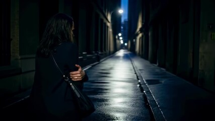 Frightened woman looks back over her shoulder while walking alone in a dark city alley at night, a scene conveying fear, suspense, urban danger and personal safety issues