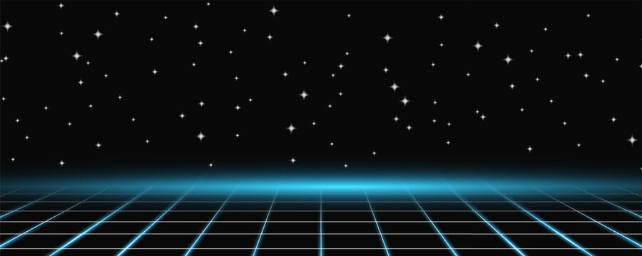 Retro cyberpunk style 80s game scene pixel art 8-bit sci-fi background. glowing neon grid and stars from vintage arcade computer games.