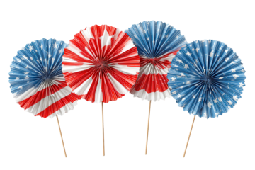 Patriotic paper fans American flag decorations Fourth of July celebration, isolated on transparent background, perfect cutout, PNG