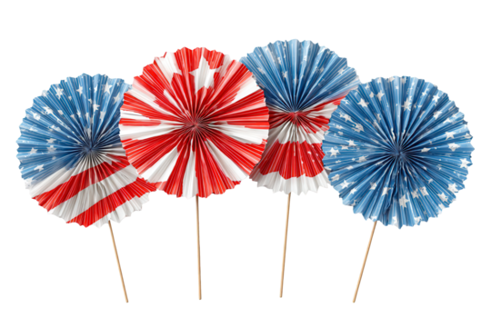 Patriotic paper fans American flag decorations Fourth of July celebration, isolated on transparent background, perfect cutout, PNG