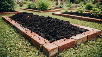 Eco-Friendly Garden Concept – Fresh Soil on Brick Landscape Edging Enhances Outdoor Beauty, Ideal for Gardening Enthusiasts and Sustainable Yard Design Inspiration

