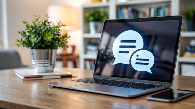 Laptop Displaying Chat Bubbles on a Desk in a Home Office
