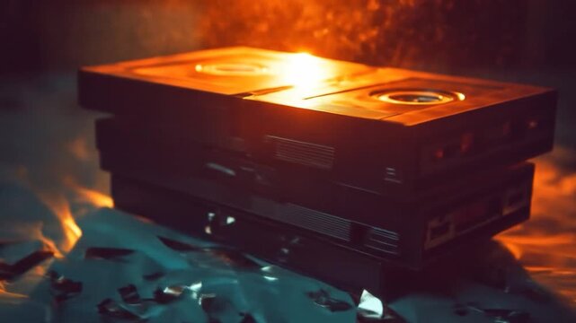Stacked VHS Tapes: Nostalgic Media Relics in Warm Light, Retro Technology