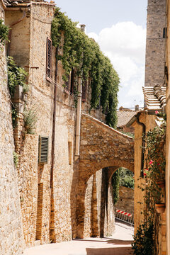 Fototapeta Narrow street with arch and ivy covered building in tuscany, italy
