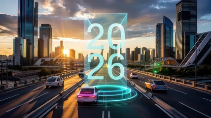 Futuristic Highway with Cars and 2026 in Cityscape at Sunset