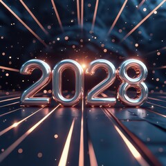 Metallic 2028 Numbers with Light Streaks and Bokeh on Dark Background