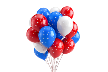 Patriotic Balloons Red White Blue Stars Festive Celebration, isolated on transparent background, perfect cutout, PNG