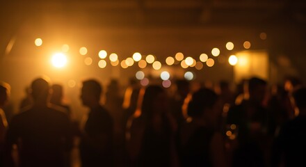 A large crowd of people gathers at a nighttime party with blurred lights creating a