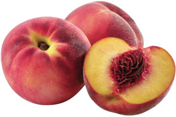 Two whole and one sliced peach, vibrant pink-red skin, bright yellow flesh