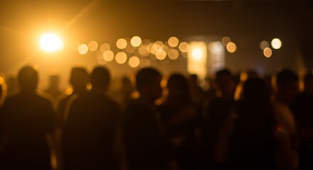 A blurred image shows a large crowd of people enjoying a nighttime event with soft