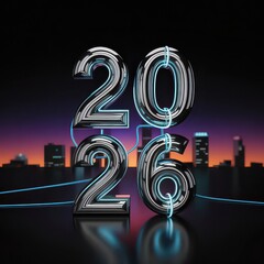 Shiny 2026 Numbers with Neon Blue Lights and City Silhouette