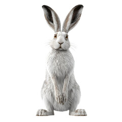 Fototapeta premium White hare standing upright with big ears alert and paws visible and 3D rendering and isolated white background Batch realistic clean bright simple modern stock image isolated on plain background f