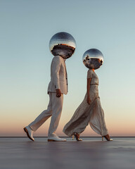 Man and woman with disco ball heads walking. Abstract concept of fun, party, and celebration. Modern art for fashion design.