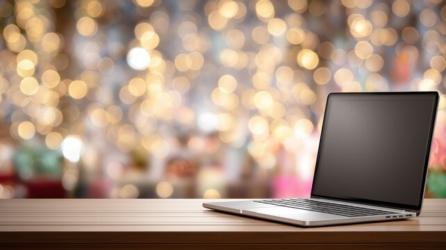 Laptop on wood table with blurred bokeh lights background for Christmas, holiday, work, celebration concepts.
