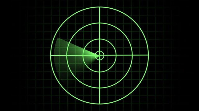 Animated green radar tracking screen. Surveillance monitoring military technology sci fi abstract. Futuristic HUD radar scan animation. Digital interface signal blip detection system background.