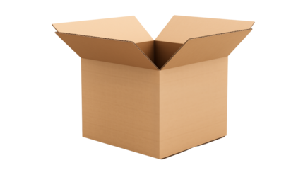 Ready to ship, this sturdy cardboard box awaits your products for secure delivery and easy transport isolated on white or transparent png.