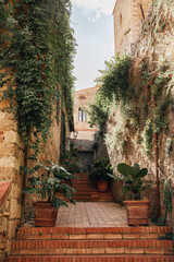 Brick stairway leading through charming alley in tuscany, italy
