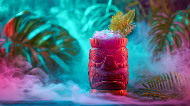 Close up of a red tiki mug cocktail with ice and palm leaf garnish. Exotic drink concept for tropical party and summer vacation.