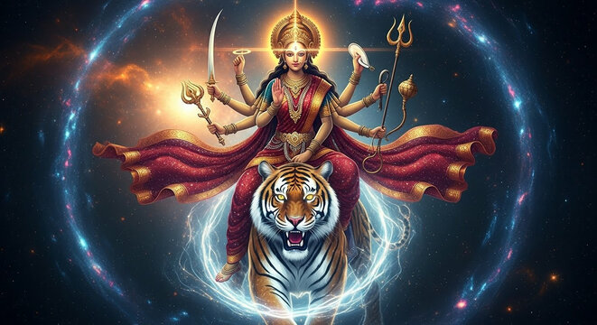 Divine Goddess Durga rides majestic tiger through cosmic nebula, radiating power and grace