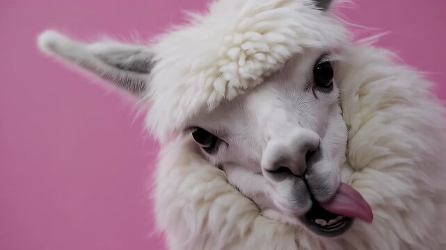 a charming close up ultra high definition captures fluffy white llama humorously sticking out tongue front bright pink background perfect playful lighthearted moments comedic branding