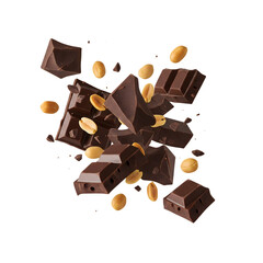 Dark chocolate pieces and peanuts falling isolated on transparent background