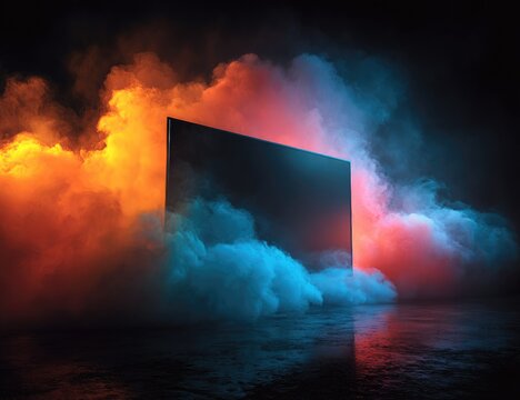 Dark, vibrant smoke surrounds a black screen
