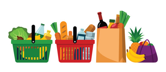 Grocery shopping with full baskets and bags of food