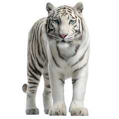 Fototapeta premium White Siberian tiger with blue eyes in majestic standing pose and regal and sharp and isolated white background Batch realistic clean bright simple modern stock image isolated on plain background f