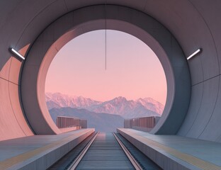 Obraz premium Futuristic tunnel with mountain vista