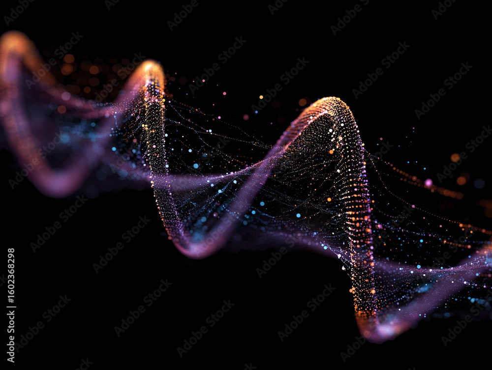 Poster dynamic abstract data visualization with glowing particles, perfect for tech and science projects.