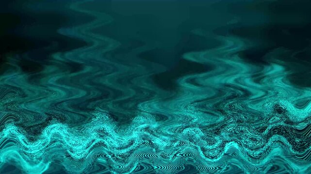 Slow motion green 3D geometric wavy constructions on dark background.