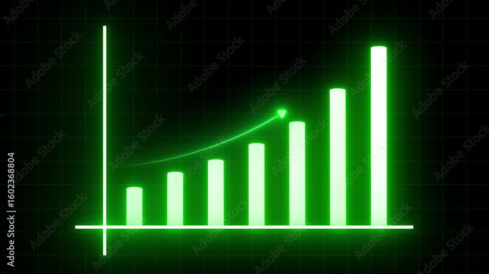 Poster digital bar graph loop. neon green finance stats. glowing green chart animation. upward business tre